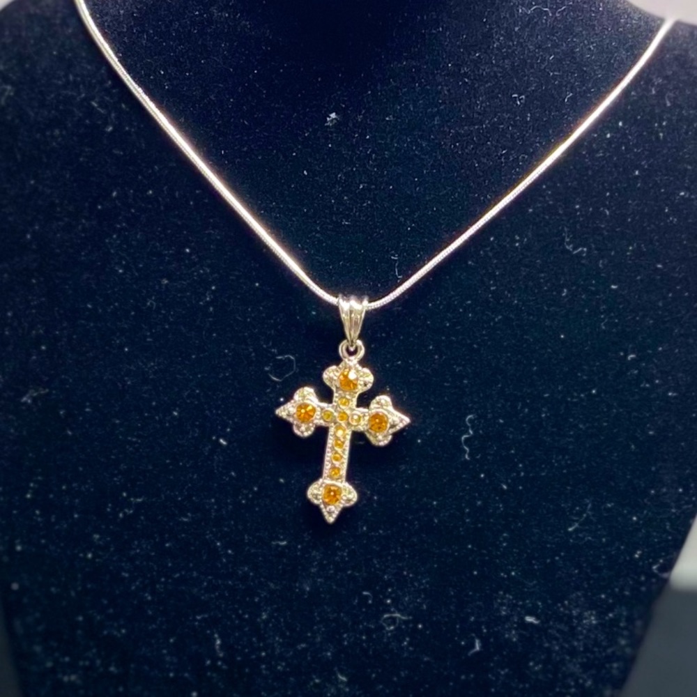 Silver plated cross necklace with rhinestones